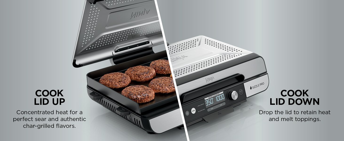 Ninja Sizzle Pro XL Indoor Grill & Flat Plate – Non-Stick Ceramic Plates, Detachable Lid, Grease Catch & Recipe Guide (Silver/Black GX101UK) - Imagen 3