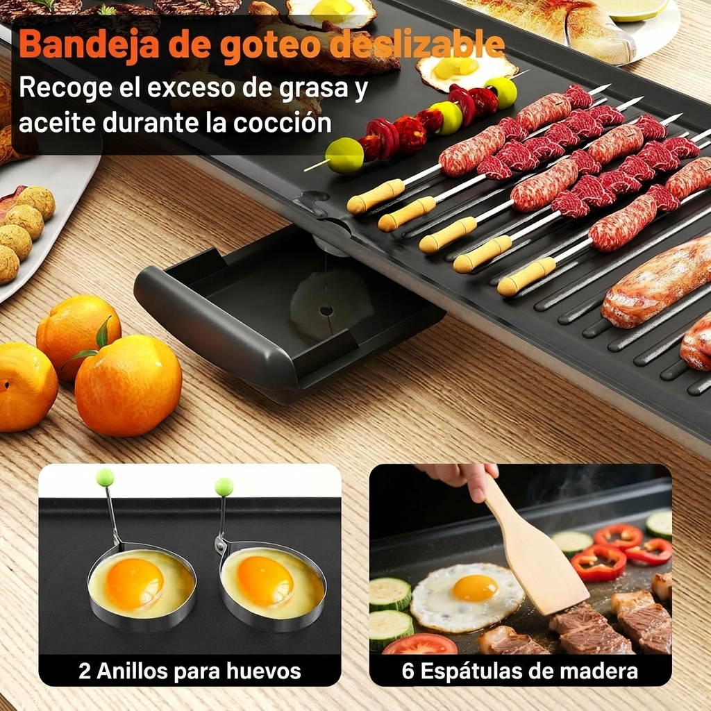 Plancha de asar Eléctrica 90x23 cm Superficie antiadherente a la piedra 2000w con Termostato Regulable y Bandeja para Recogida de Grasa - Bild 3