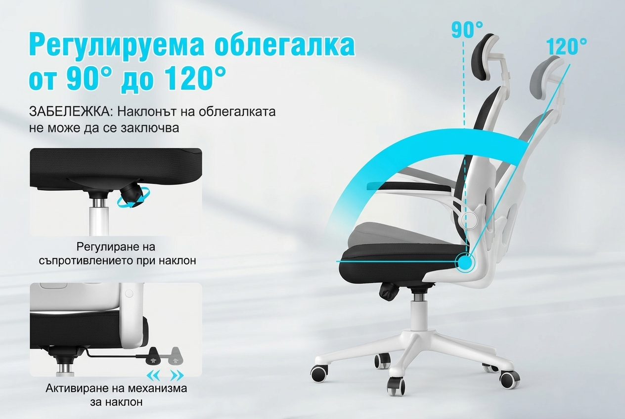 Офис стол за гейминг и бюро, ергономичен, с подглавник, регулируем и с лумбална опора, облегалка от дишаща мрежа, сгъваеми подлакътници на 90°, въртене на 360° (SF168-002). - Bild 4