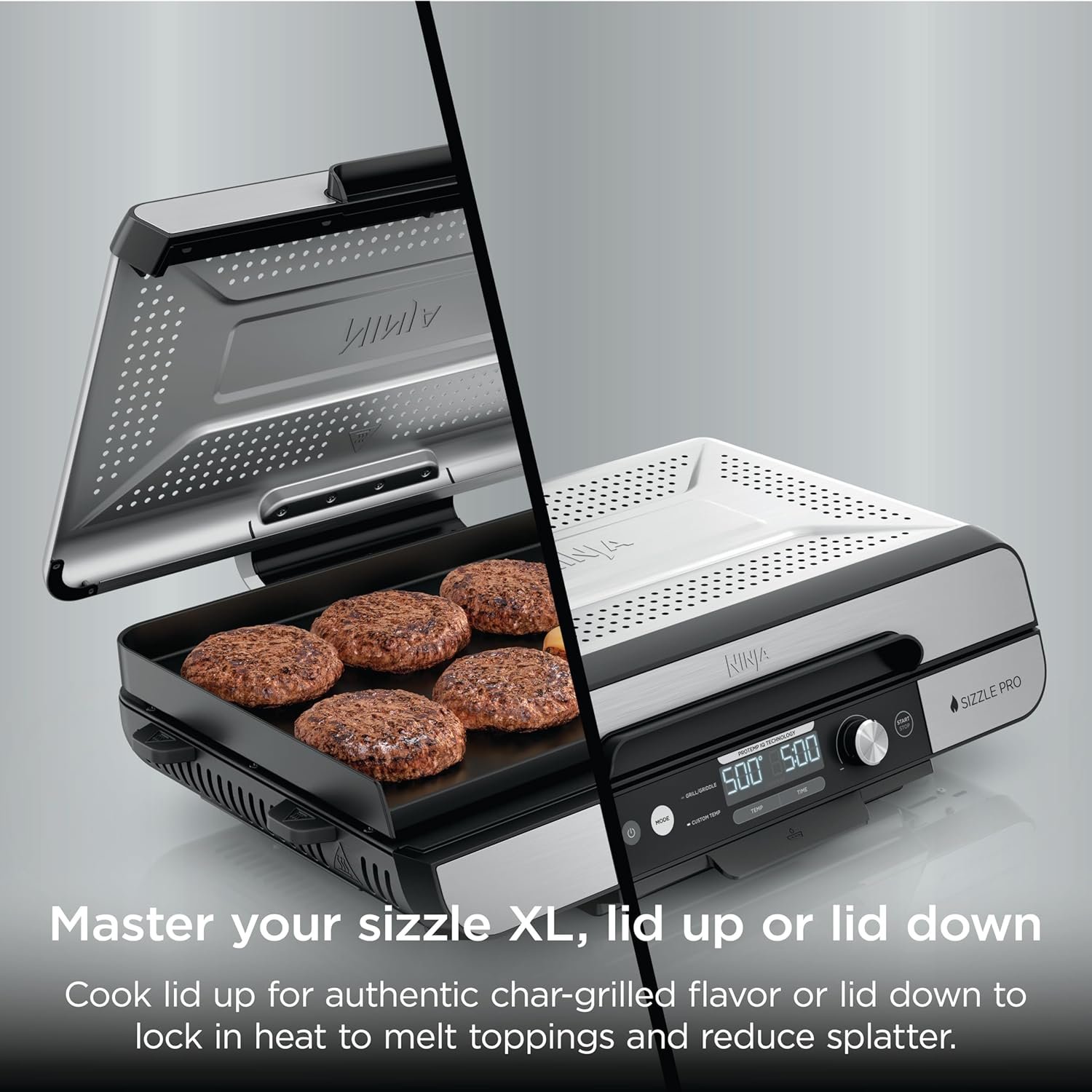 Ninja Sizzle Pro XL Indoor Grill & Flat Plate – Non-Stick Ceramic Plates, Detachable Lid, Grease Catch & Recipe Guide (Silver/Black GX101UK) - Imagen 5