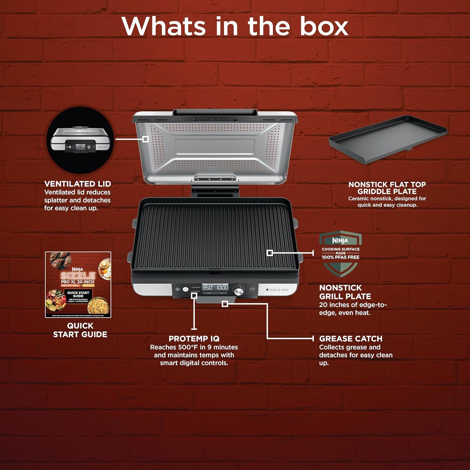Ninja Sizzle Pro XL Indoor Grill & Flat Plate – Non-Stick Ceramic Plates, Detachable Lid, Grease Catch & Recipe Guide (Silver/Black GX101UK) - Imagen 9