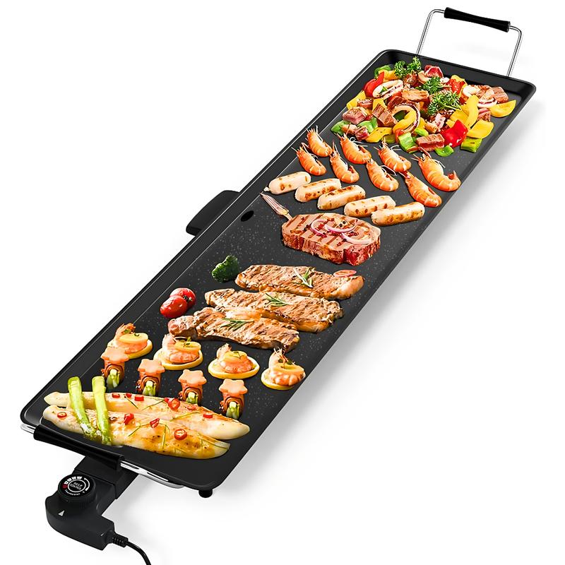 Plancha de asar Eléctrica 90x23 cm Superficie antiadherente a la piedra 2000w con Termostato Regulable y Bandeja para Recogida de Grasa